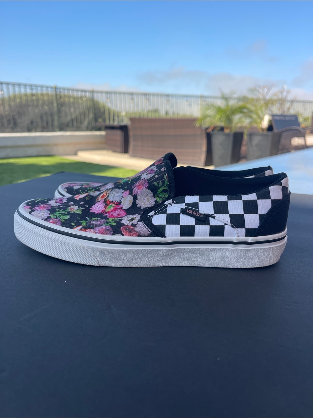 Vans Slip-On Floral & Checkerboard Sneakers - Black/Pink/Green - Picture 3 of 6
